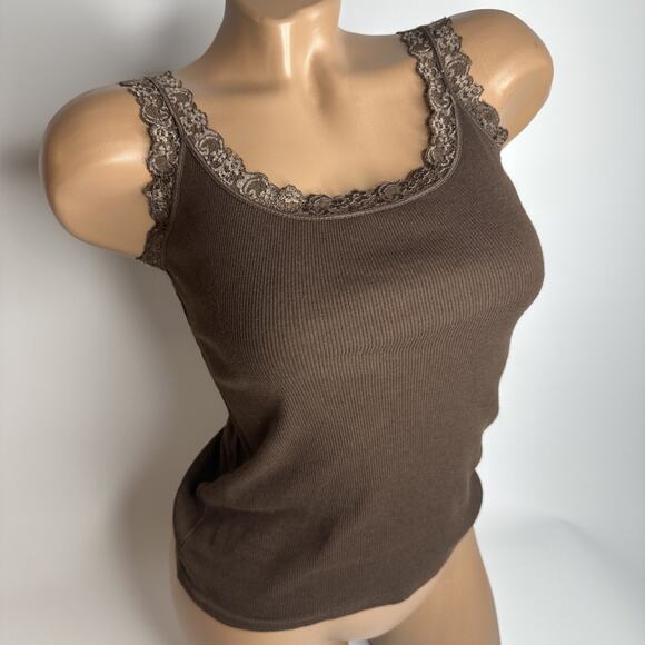 Brown Ribbed Lace Trim Tank Top XS Stretch Y2K Clean Girl Coquette Cottage Basic - Picture 1 of 12